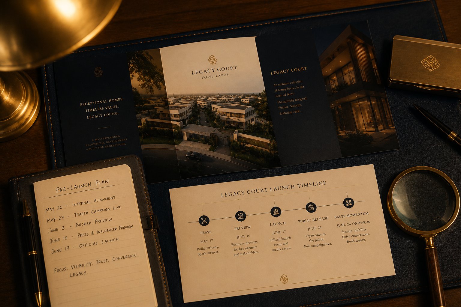 Pre-launch plan notebook, Legacy Court brochure, launch timeline