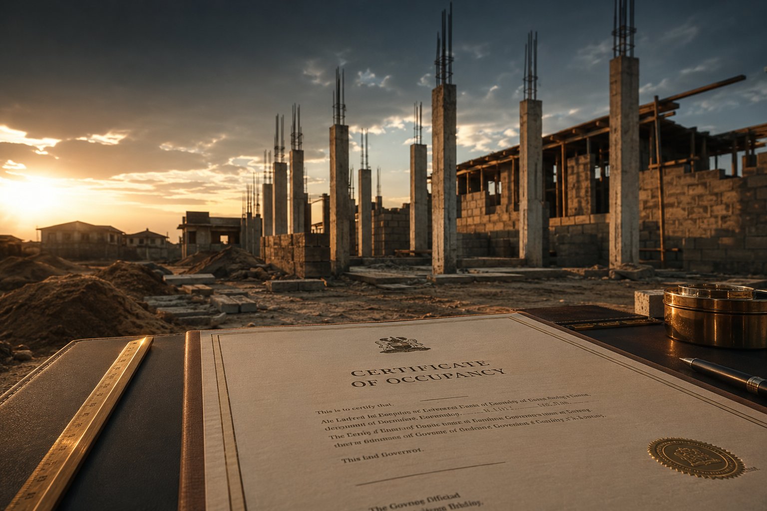 Certificate of Occupancy at Nigerian construction site at golden hour